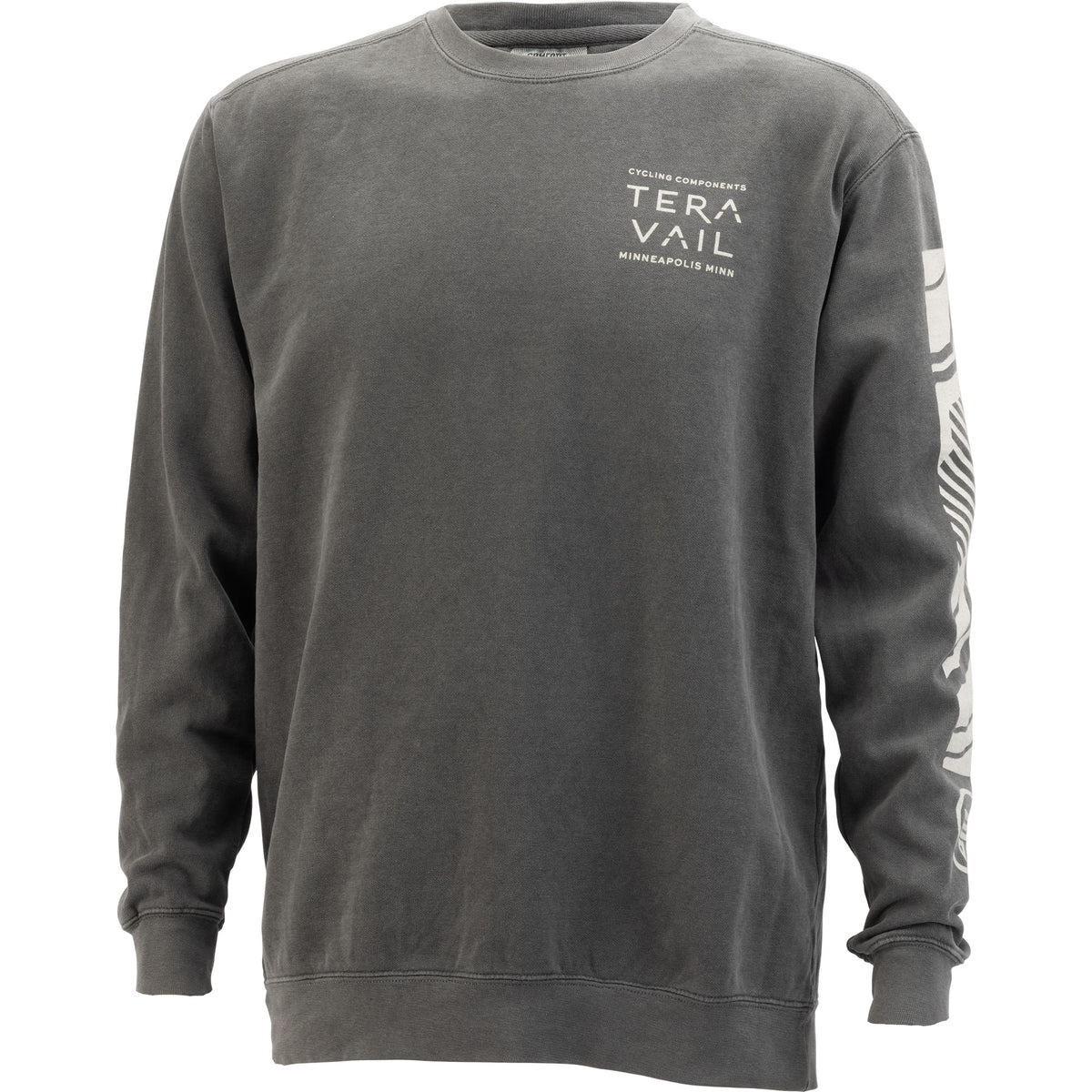 A dark gray washed crewneck sweatshirt with 'TERAVAIL' printed in white on the left chest and a white graphic on the right sleeve, shown against a plain white background.