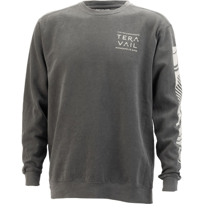 A dark gray washed crewneck sweatshirt with 'TERAVAIL' printed in white on the left chest and a white graphic on the right sleeve, shown against a plain white background.