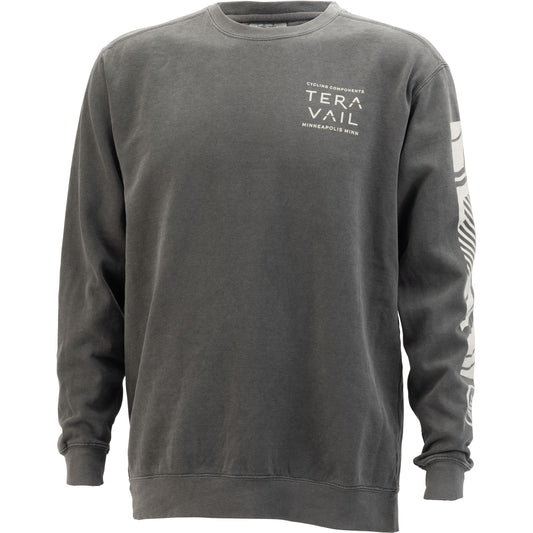 A dark gray washed crewneck sweatshirt with 'TERAVAIL' printed in white on the left chest and a white graphic on the right sleeve, shown against a plain white background.
