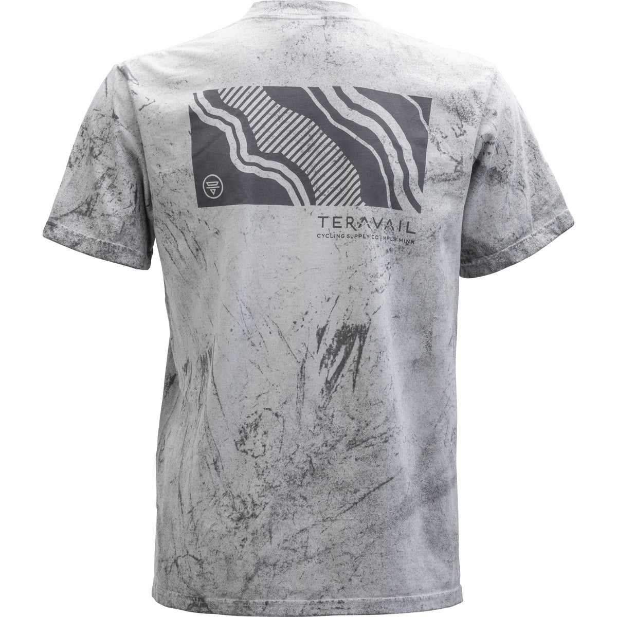 A gray and white acid-wash short-sleeve t-shirt with a black graphic print on the back featuring the brand name 'TERAVAIL'.