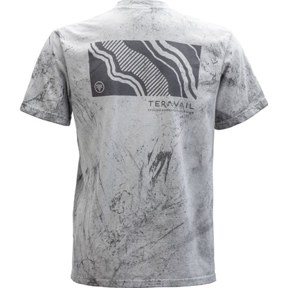 A gray and white acid-wash short-sleeve t-shirt with a black graphic print on the back featuring the brand name 'TERAVAIL'.