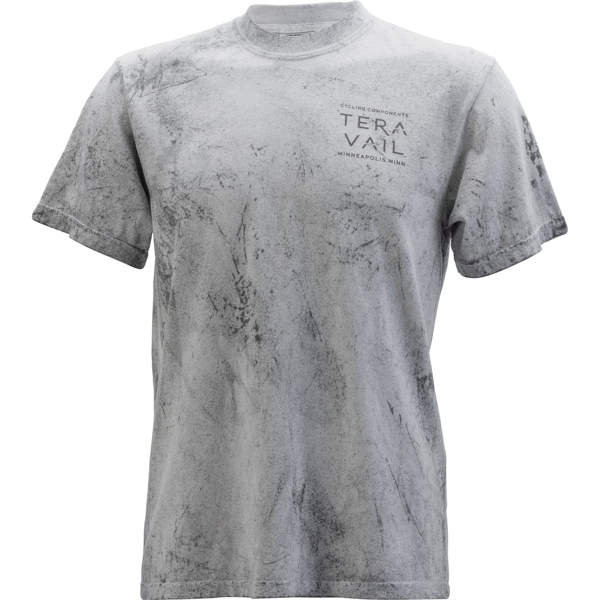 A short-sleeve crewneck t-shirt in a washed gray color with a mottled mineral-wash texture. The brand name 'TERA VAIL' is printed in black on the left chest.