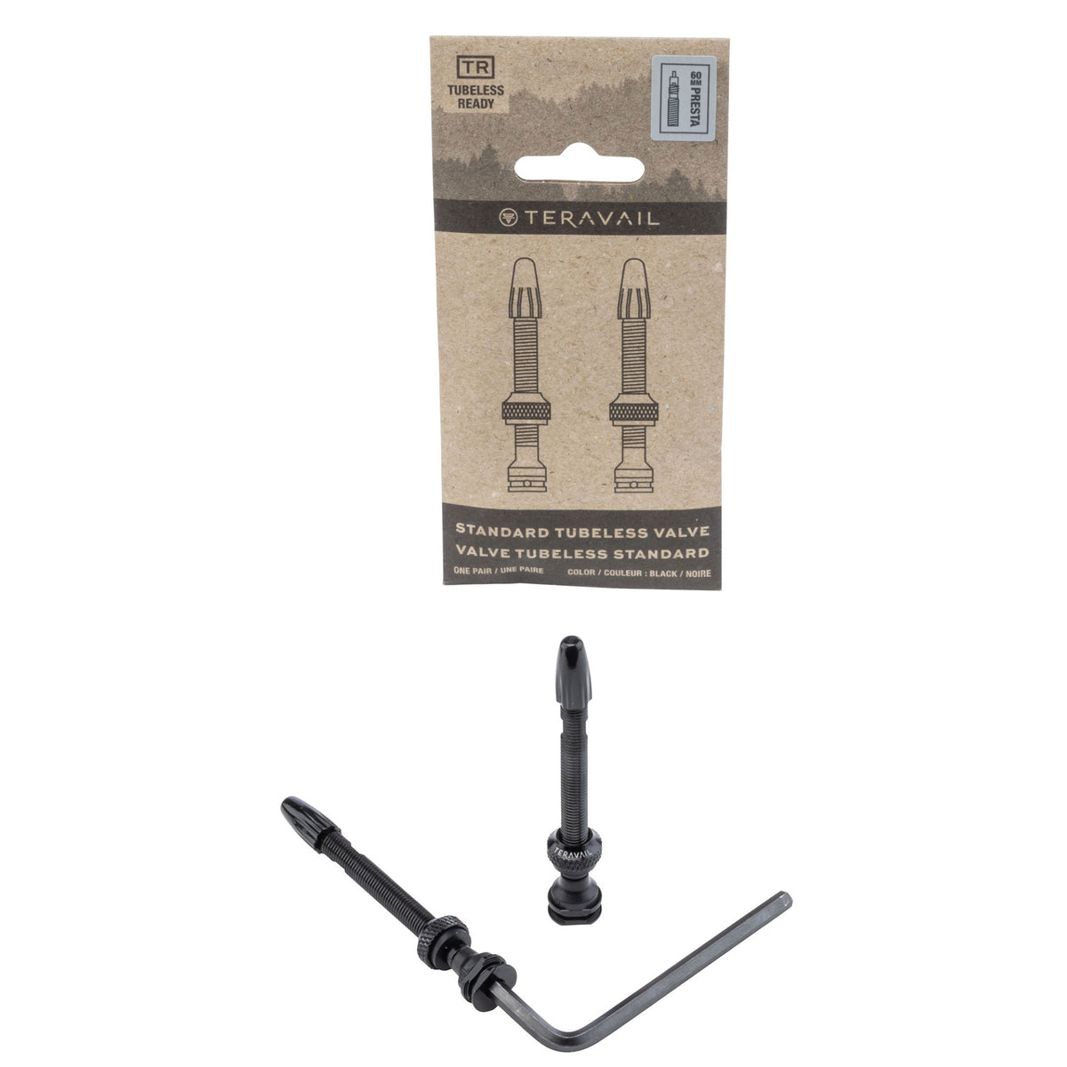 Two black Teravail tubeless valve stems 60mm length shown below their original retail packaging on a plain white background.