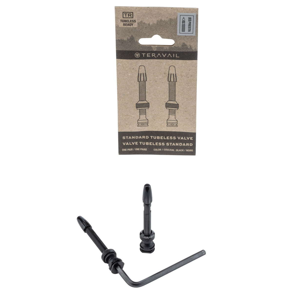 Two black Teravail tubeless valve stems 50mm length shown below their original retail packaging on a plain white background.