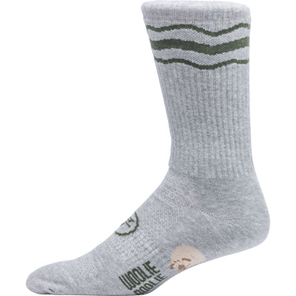 A single light gray crew sock with olive green wavy stripes near the cuff and 'WOOLIE BOOLIE' printed on the foot, shown against a plain white background.