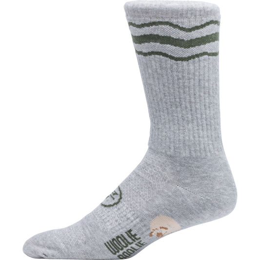 A single light gray crew sock with olive green wavy stripes near the cuff and 'WOOLIE BOOLIE' printed on the foot, shown against a plain white background.