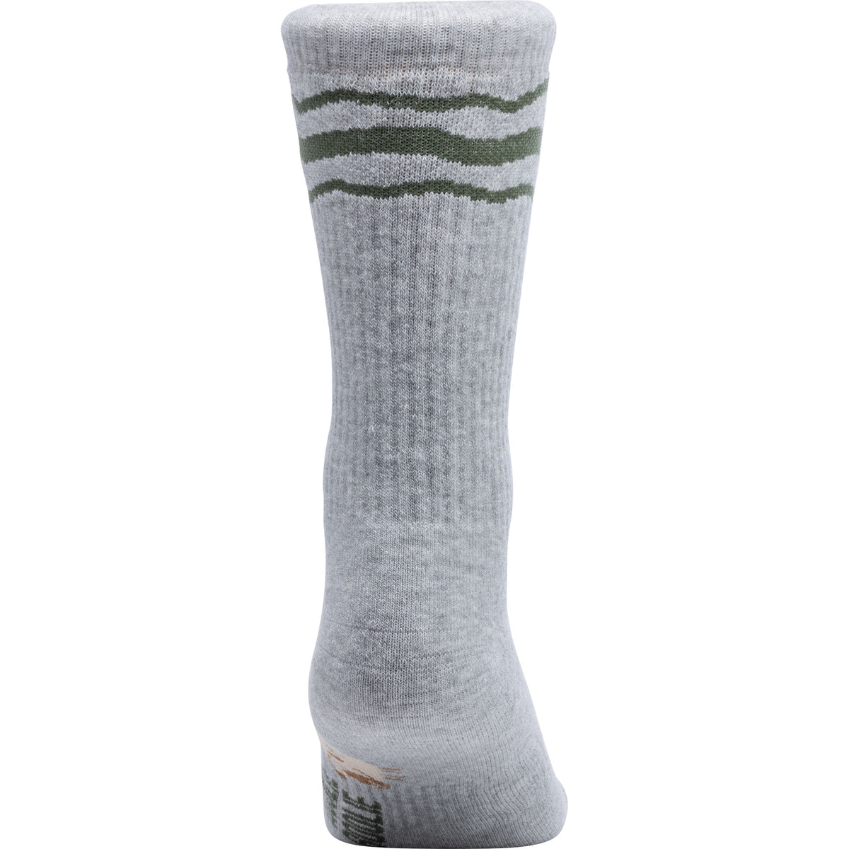 A single light gray ribbed crew sock with two dark olive green horizontal stripes near the cuff, shown on a plain white background.