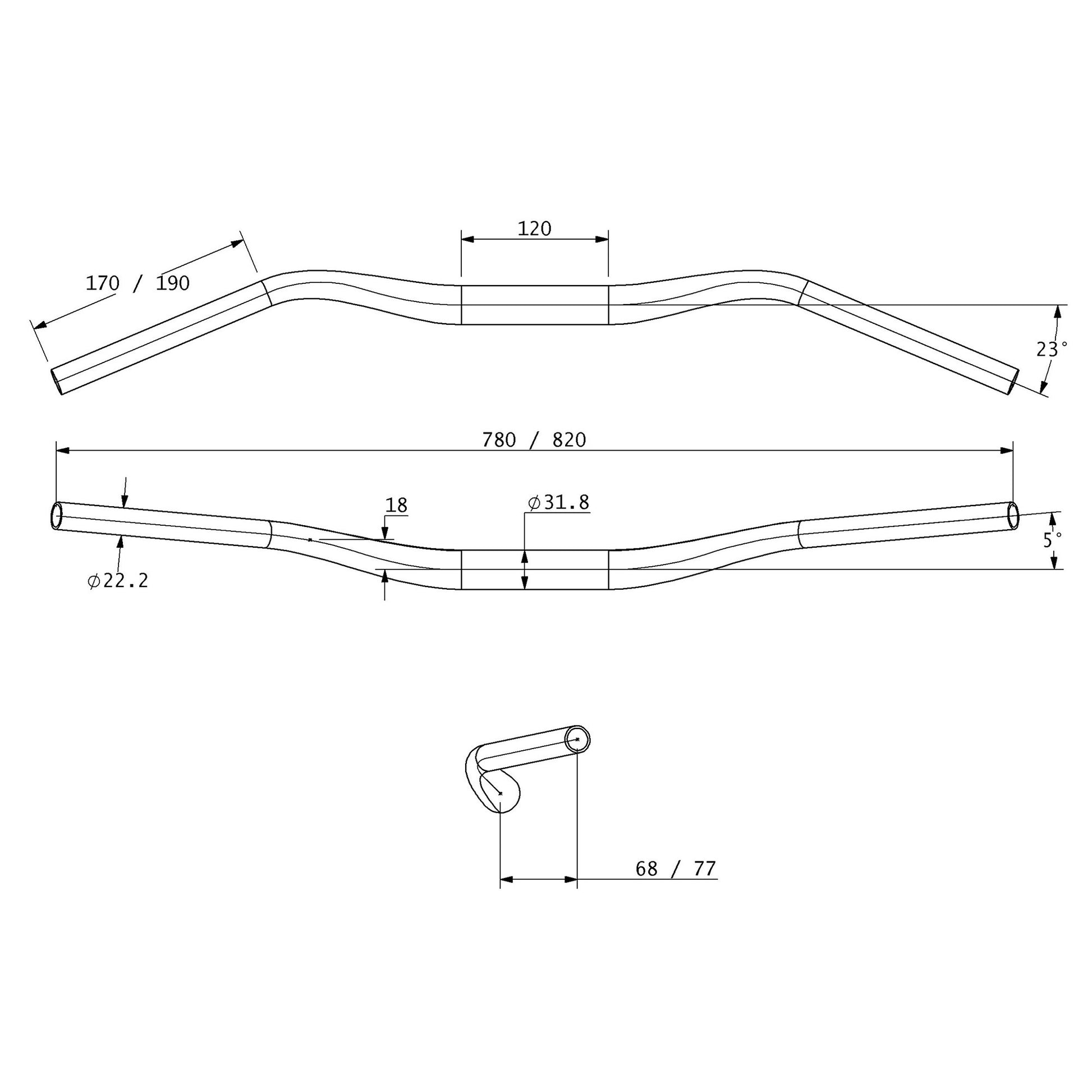 Technical drawing of Swale alloy handlebar with dimensions