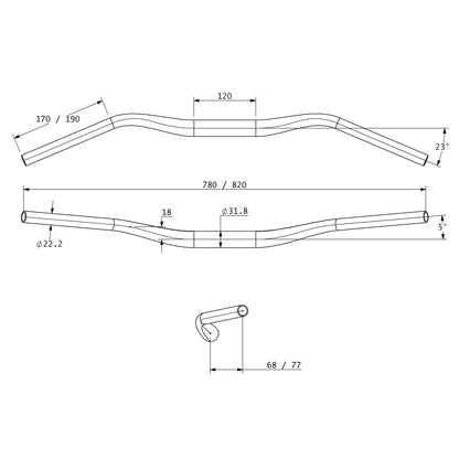 Technical drawing of Swale alloy handlebar with dimensions