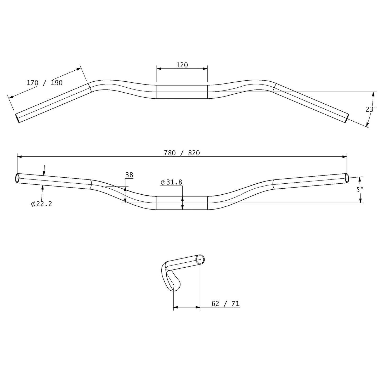 Technical drawing of bicycle handlebar with dimensions on a white background
