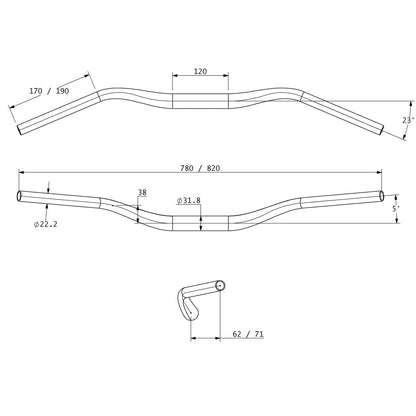 Technical drawing of bicycle handlebar with dimensions on a white background