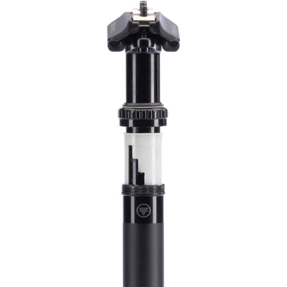 Teravail Telec 27.2mm Dropper post clamp detail colloar loosened showing travel adjust on white background