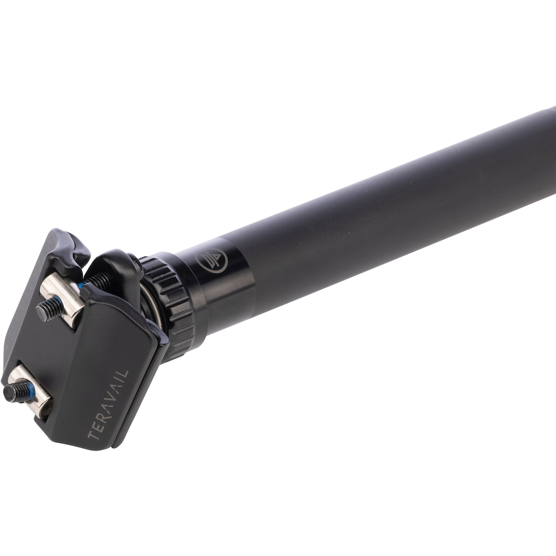Teravail Telec Mountain Dropper Post side view at full compression focus on clamp on white background