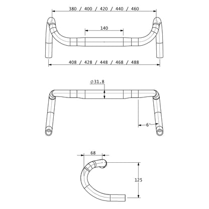 Technical drawing of a bicycle handlebar with dimensions on a white background