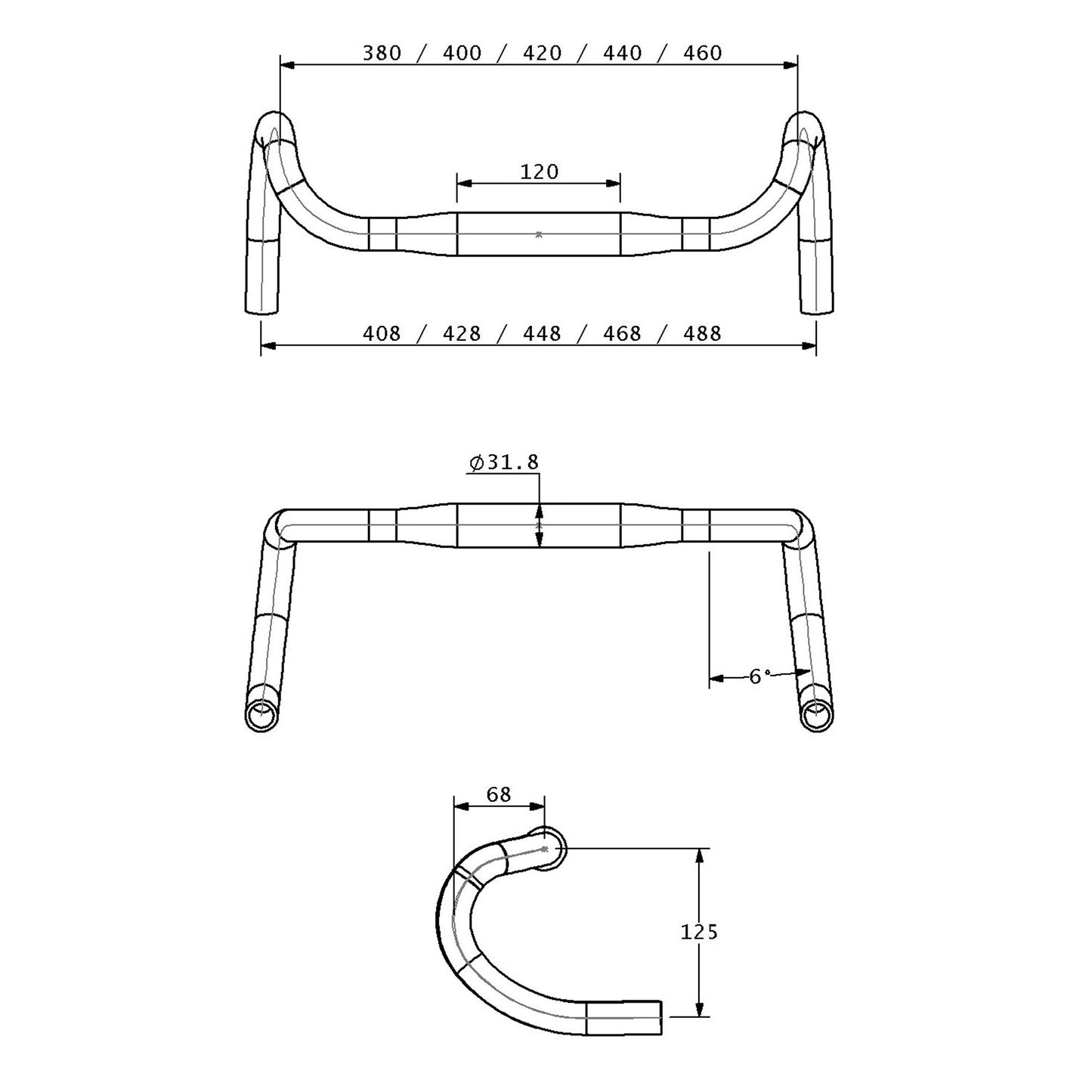 Technical drawing of a bicycle drop handlebar with dimensions on a white background