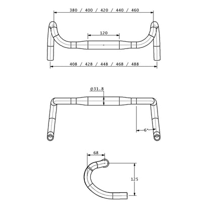 Technical drawing of a bicycle drop handlebar with dimensions on a white background