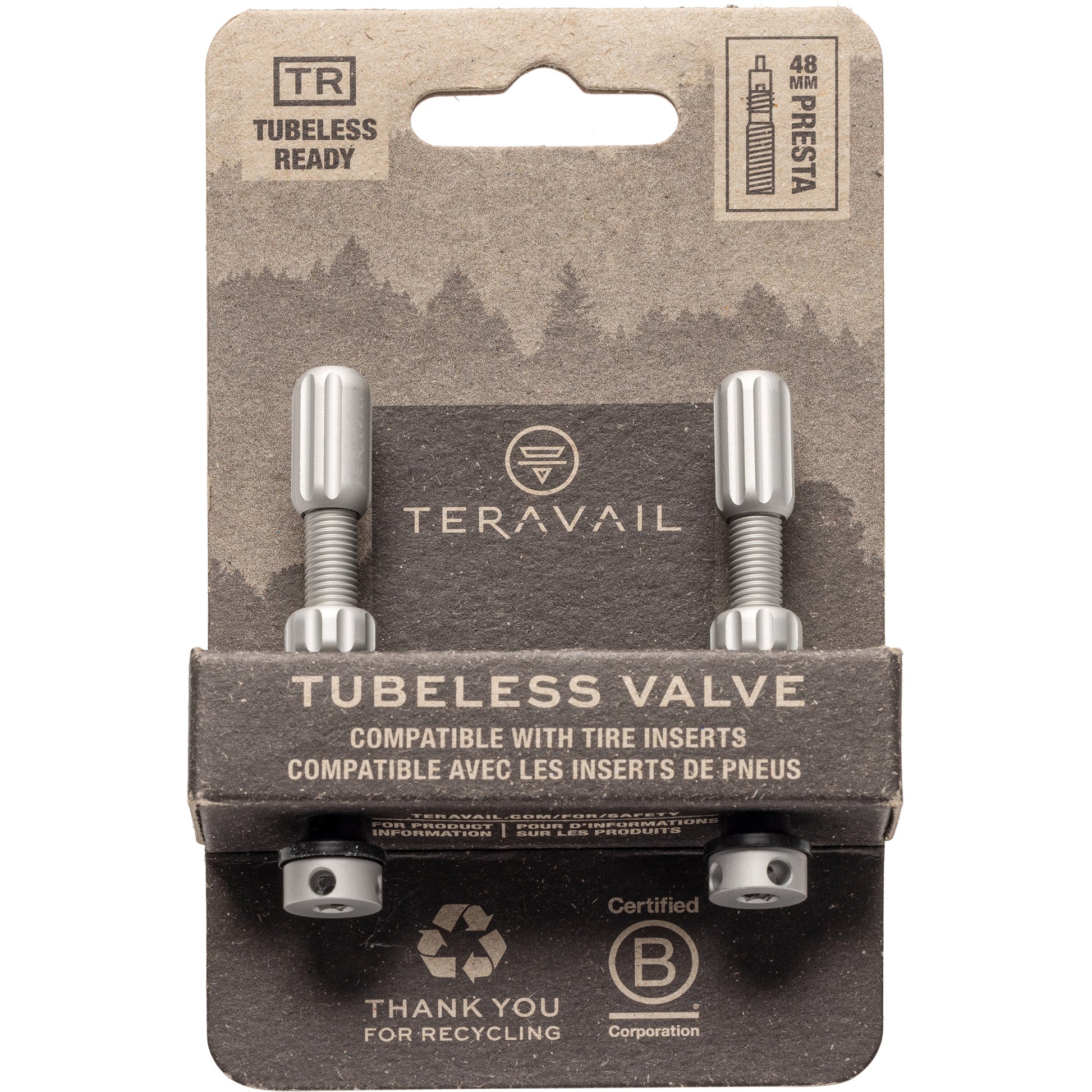 Teravail tubeless valve set on a cardboard packaging with a forest design.