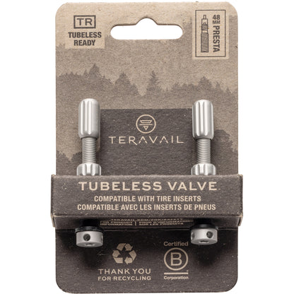 Teravail tubeless valve set on a cardboard packaging with a forest design.
