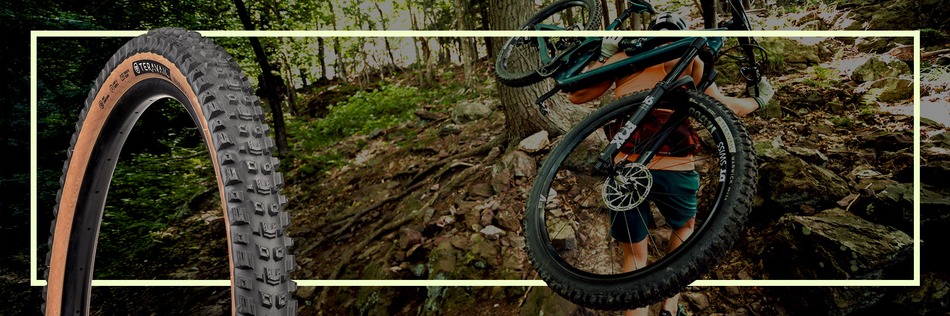 Teravail Warwick Tire image overlay with rider hiking up rocky and rooty trail with bike