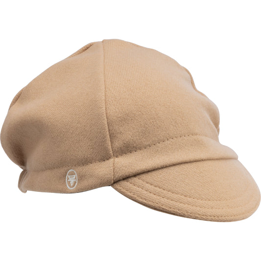 A tan wool cap with a curved brim and a small white embroidered logo on the side, shown against a plain white background.